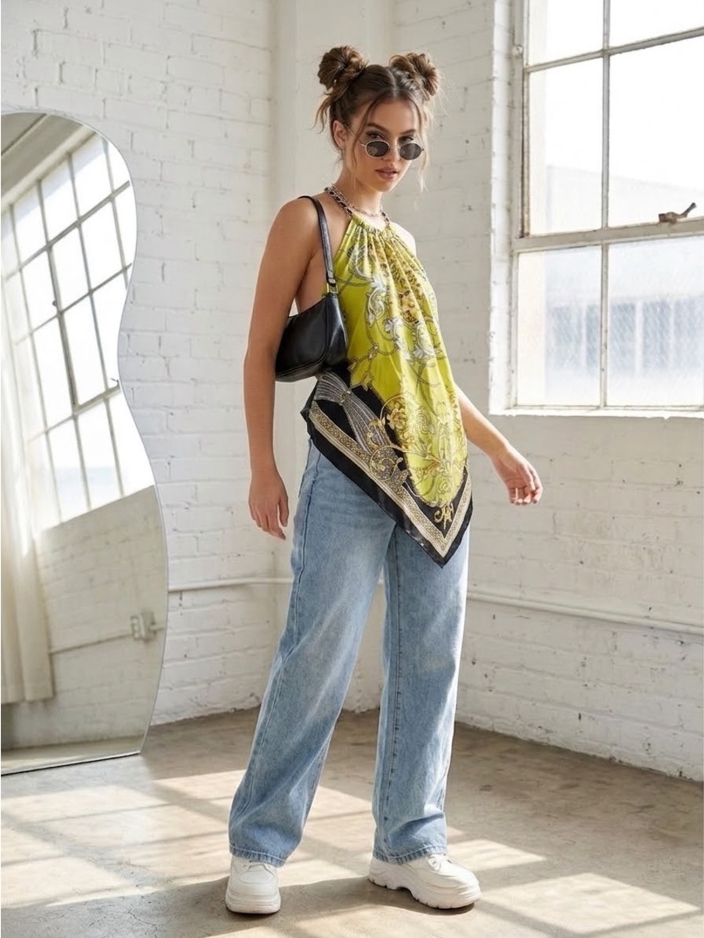 Vintage Y2K Cache Chartreuse Baroque Print Silk Scarf Halter Top - Medium